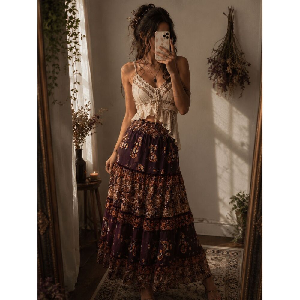 Whimsigoth Boho Festival Fairy Paisley Summer Feminine Maxi Skirt